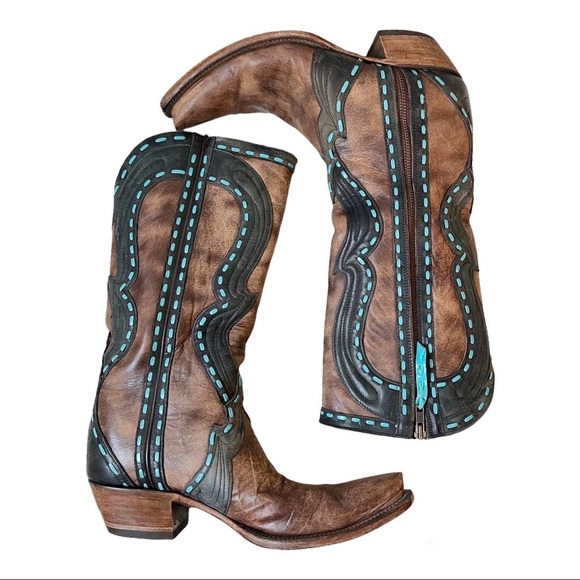 Lucchese Shoes - Lucchese Women’s 1883 Snip Toe Western Boots Brown w Teal Whipstitch Sz 9